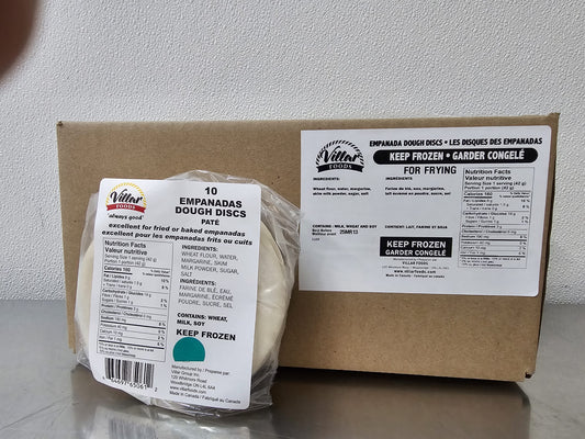 A box with a label for empanada dough discs made for frying. Outside the bulk case is a poly bag full of 10 empanadas discs with a label on it.s